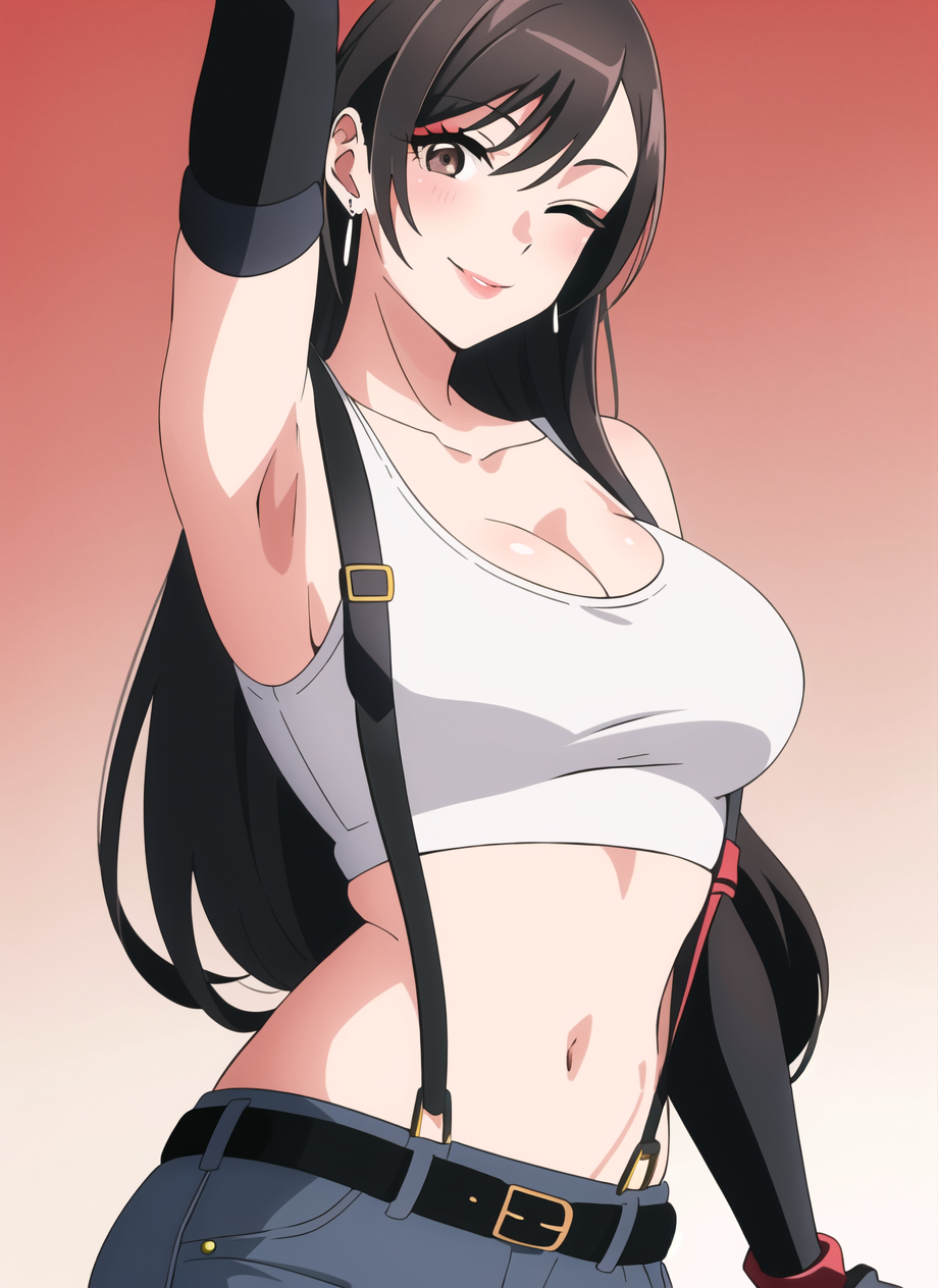 bisquedoll anime style, tifa lockhart, 1girl, thick lips, arm up, armpits, artist name, belt, black hair, breasts, brown e...
